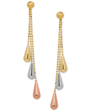 image of Tri-Gold Linear Drop Earrings in 14k Gold, White Gold and Rose Gold, 2 inch