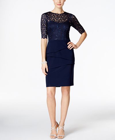 Betsy & Adam Petite Illusion Sequined Lace Sheath Dress