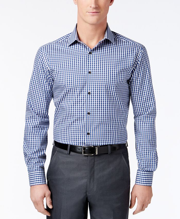 Alfani Men's Fitted Performance Stretch Easy Care Blue Double Gingham