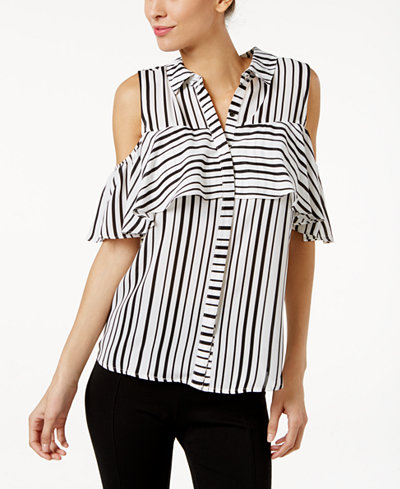 NY Collection Striped Ruffled Cold-Shoulder Top