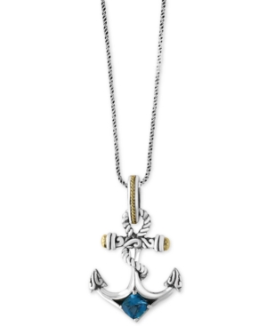 image of Effy Balissima Blue Topaz Anchor Pendant Necklace (7/8 ct. t.w.) in Sterling Silver and 18k Gold
