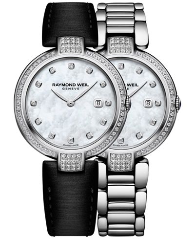 Raymond Weil Women's Swiss Shine Diamond (1/2 ct. t.w.) Stainless Steel Bracelet Watch with Interchangeable Black Satin Strap 32mm 1600-SCS-97081