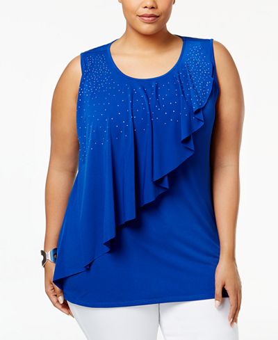 Belldini Plus Size Embellished Asymmetrical-Overlay Top