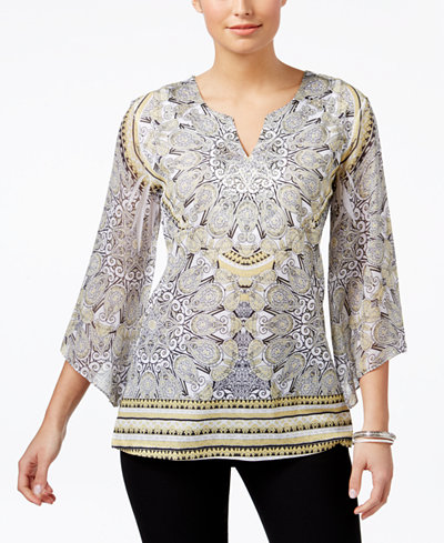 JM Collection Petite Printed Split-Neck Top, Only at Macy's