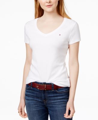 Tommy Hilfiger Short Sleeve Tops-Cotton Shirts for Women with V-Neckline  and Logo Detail