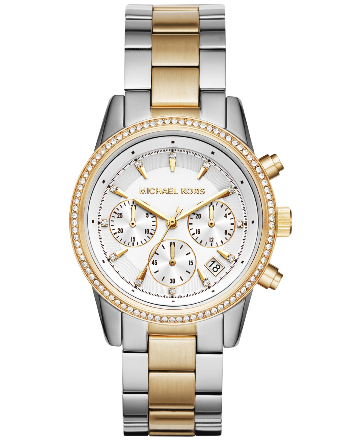 Michael Kors Women's Chronograph Ritz Two-tone Stainless Steel Bracelet Watch 37mm In Two-tone,white