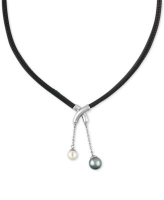 Majorica - Silver-Tone Imitation Pearl Black Leather Pendant Necklace