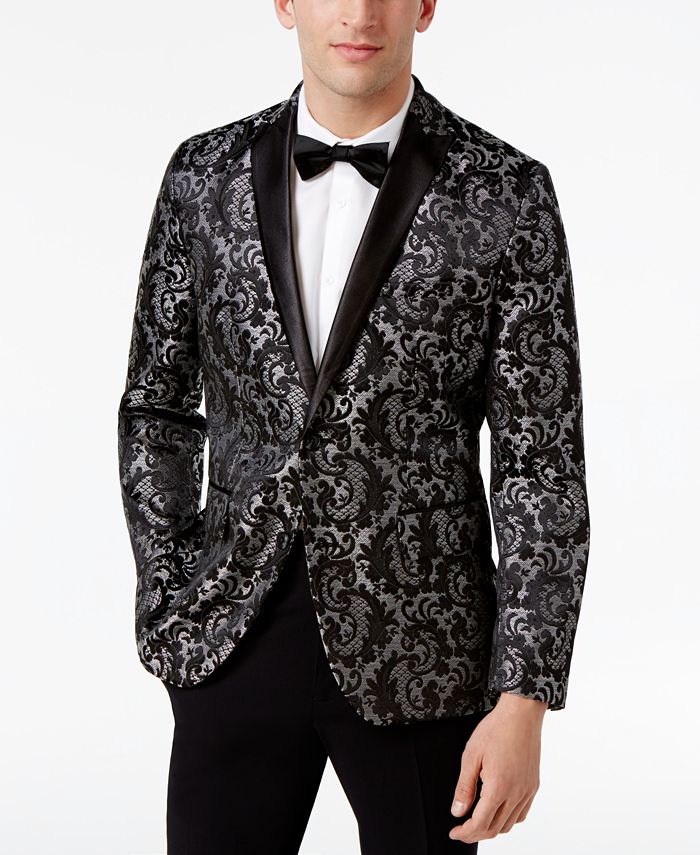 Retro Mens Short Jacket One Button Floral Jacquard Weave Blazer Coat Slim  Fit XL