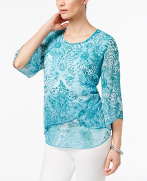 Jm Collection Petite Floral-Print Three-Quarter-Sleeve Top, Only at Macys