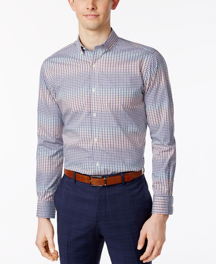 Bar III Men's Slim-Fit Stretch Coral Blue Gingham Dress Shirt, Created ...