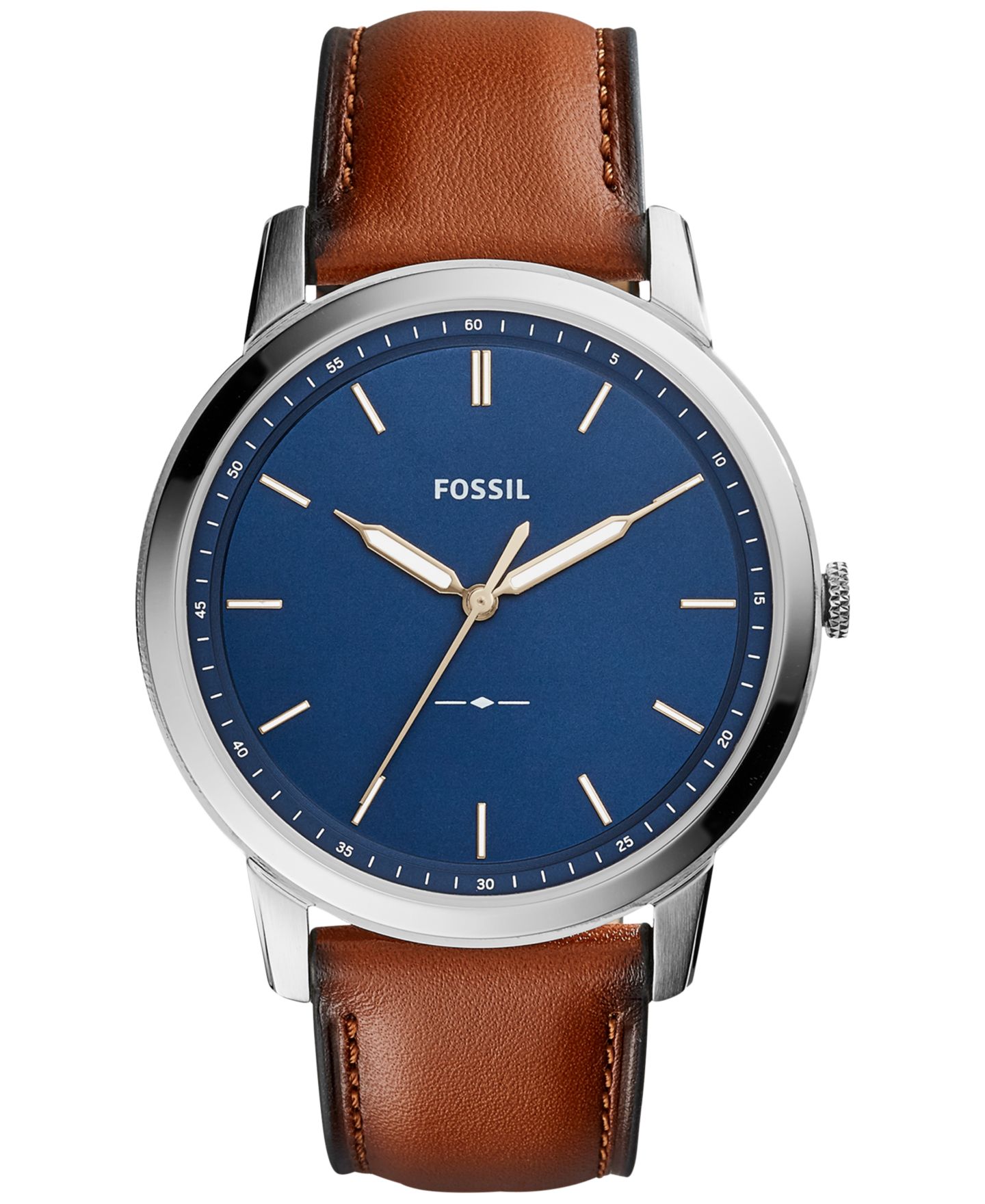 Мужские часы Fossil The Minimalist Brown Leather Strap Watch 44mm, цвет: Коричневый / Синий — фото 1