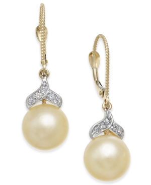 image of Cultured Golden South Sea Pearl (9mm) and Diamond (1/8 ct. t.w.) Drop Earrings in 14k Gold