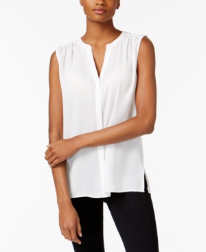 Nydj Print Pleat Back Sleeveless Split Neck Blouse In Optic White