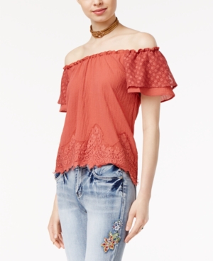 Belle Du Jour Juniors Lace Off-The-Shoulder Peasant Top