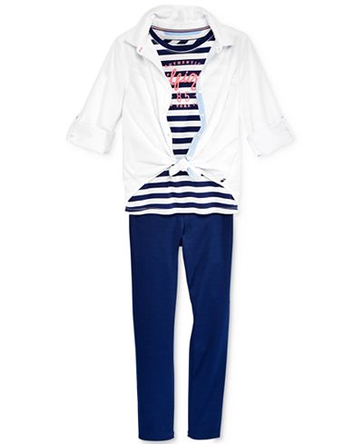 Tommy Hilfiger Button-Front Shirt, Striped Glitter T-Shirt & Ponte Pant Separates, Big Girls (7-16)