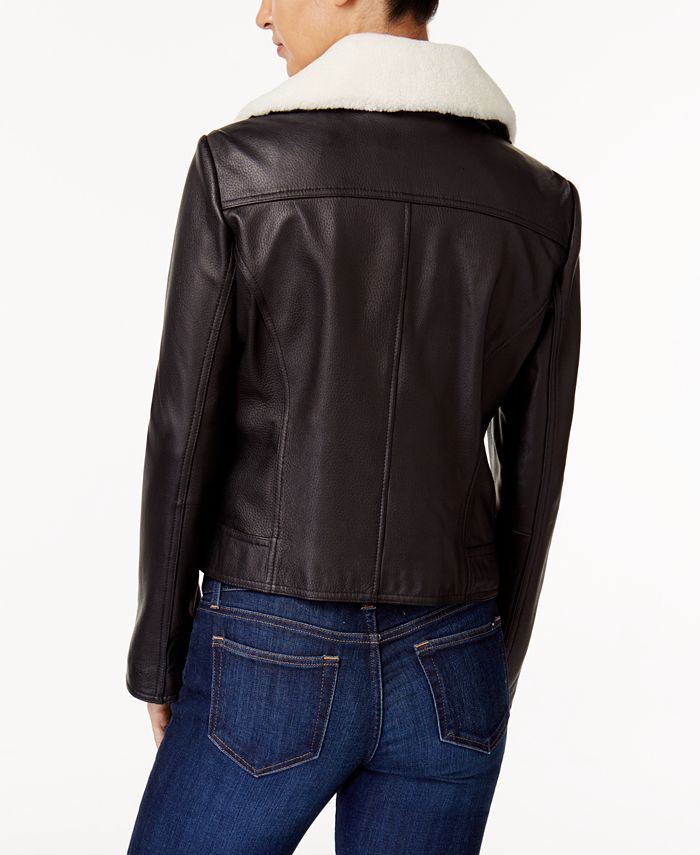 Michael Kors Leather Shearling-Collar Moto Jacket & Reviews - Coats ...