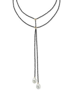 image of Cultured Freshwater Pearl (10mm) & Black Spinel Double Row Choker Lariat Necklace in 14k Gold (Also in Lapis Lazuli)