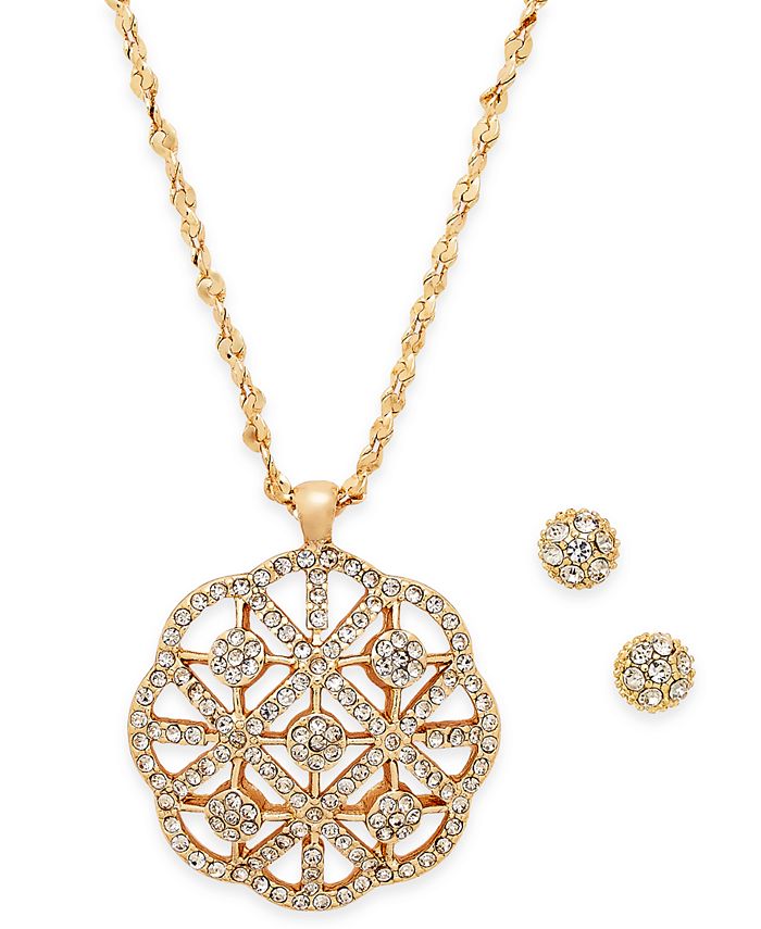 Charter Club Pavé Knot Pendant Necklace & Stud Earrings Set in Gold Plate,  Created for Macy's - Macy's