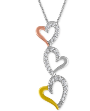 image of Diamond Tri-Color Triple Heart Pendant Necklace (1/10 ct. t.w.)