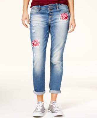 Black Daisy - Juniors' Ripped Applique Medium Wash Boyfriend Jeans