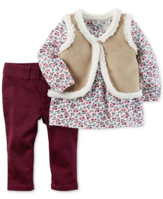 Carter's - 3-Pc. Faux-Suede Vest, Top & Pants Set, Baby Girls (0-24 months)