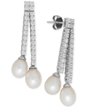 image of Arabella Cultured Freshwater Pearl (7mm) and Swarovski Zirconia Drop Earrings in Sterling Silver