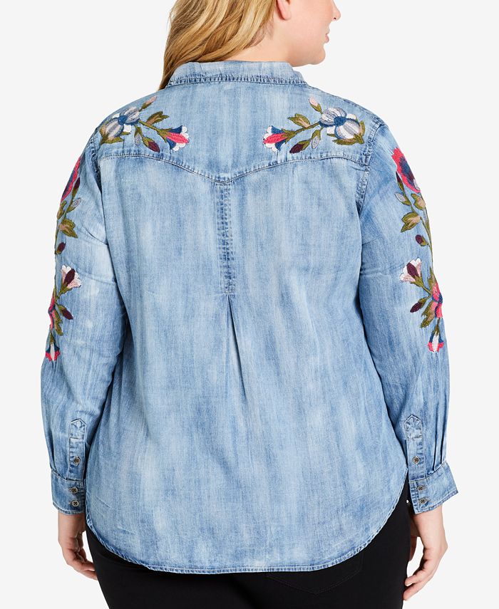 Jessica Simpson Trendy Plus Size Embroidered Chambray Shirt - Macy's