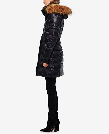 S13 Women's Faux-Fur Hooded Glossy Down Puffer Jacket Coat M/Jet/Natural 