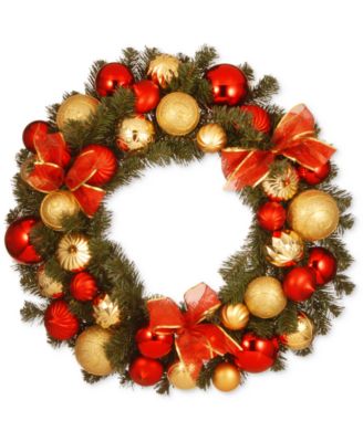 National Tree Company - 30" Gold & Red Mixed Ornament Wreath With Bows