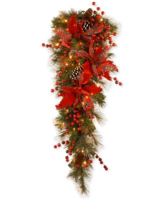 National Tree Company - 36" Tartan Plaid Teardrop Swag With Poinsettias, Pine Cones, Berries & 50 Battery-Operated LED Lights