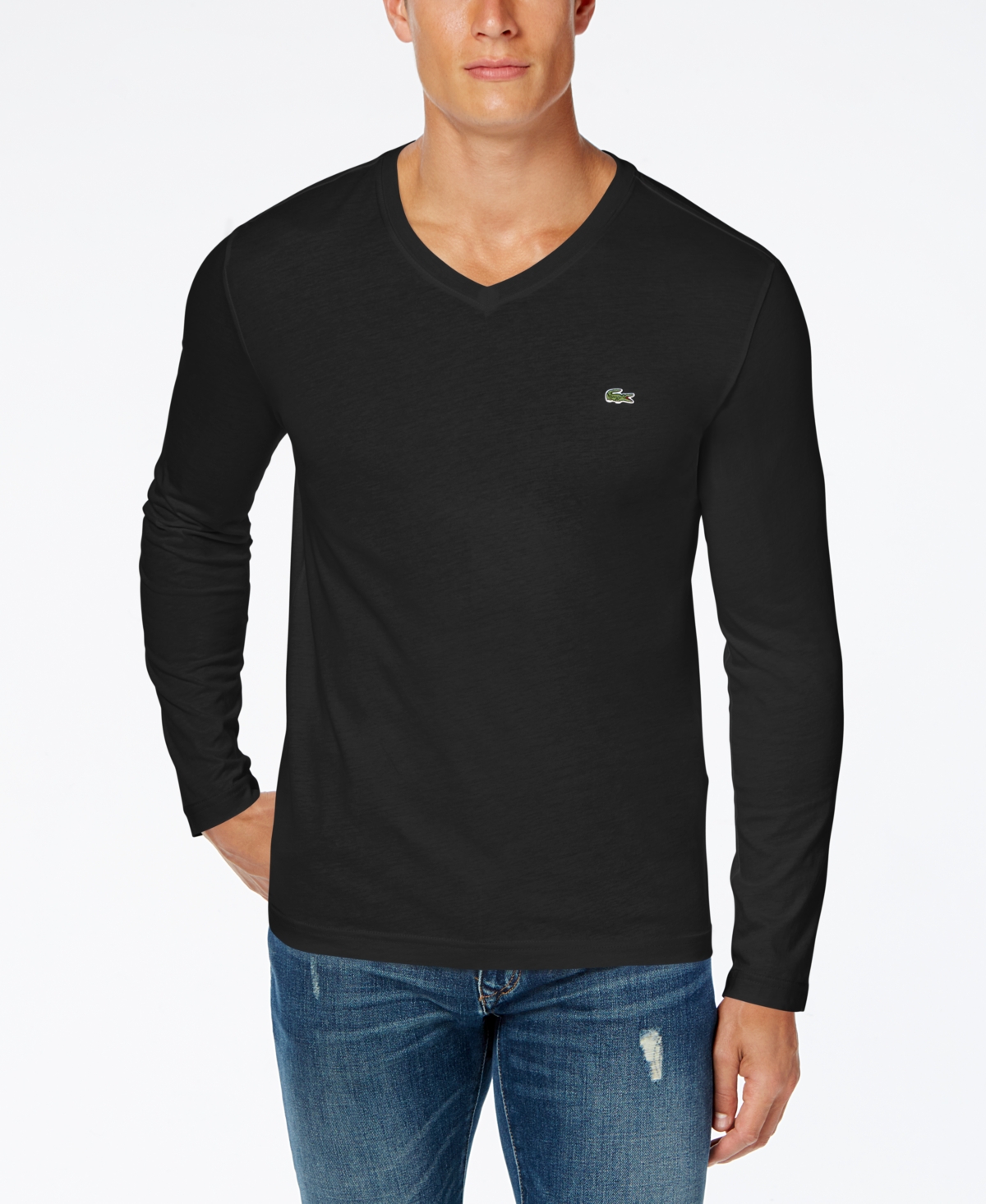Shop Lacoste Men's V-neck Casual Long Sleeve Jersey T-shirt In Black