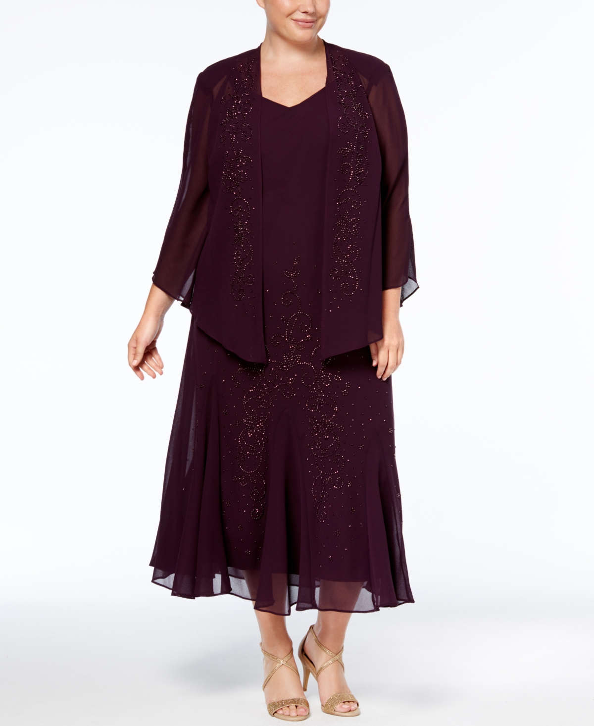 R & M RICHARDS PLUS SIZE BEADED V-NECK DRESS AND JACKET