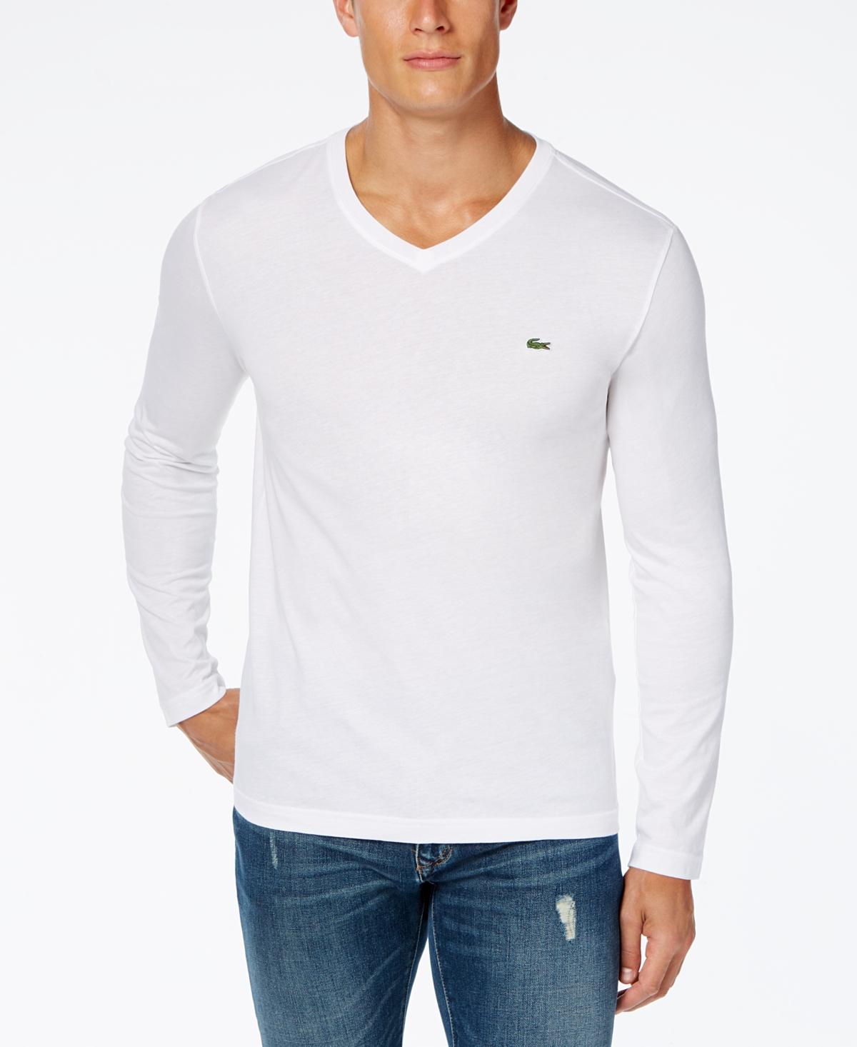 Lacoste White V-neck Long Sleeve T-shirt
