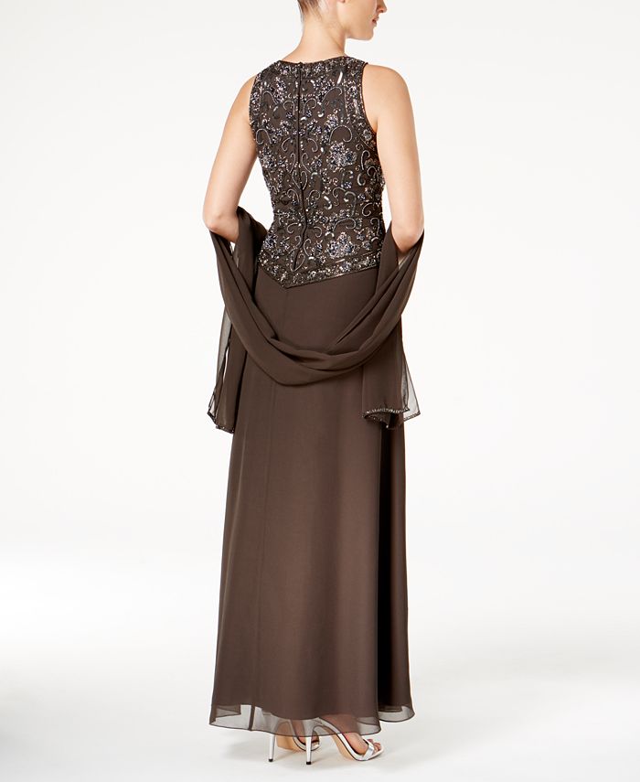 j kara beaded gown and chiffon scarf