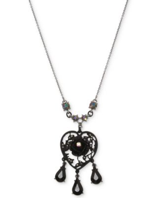 Betsey Johnson Hematite-Tone Filigree Heart Flower & Jet Stone Pendant ...