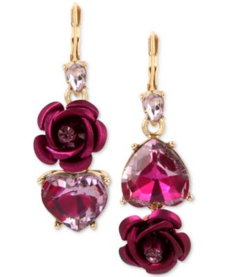 Betsey Johnson Two-Tone Pink Crystal Heart Flower Mismatch