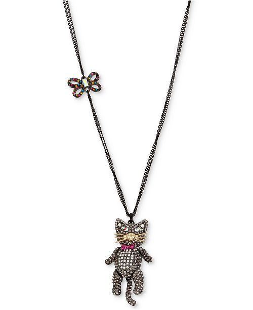 Betsey Johnson Two Tone Multicolor Pave Bow Cat Pendant Necklace