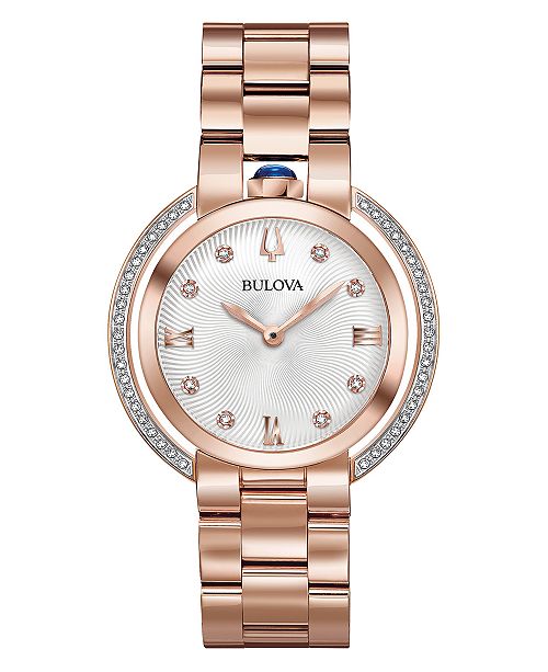Bulova Women S Rubaiyat Diamond 1 4 Ct T W Rose Gold Tone Stainless Steel Bracelet Watch 35mm Reviews All Fine Jewelry Jewelry Watches Macy S