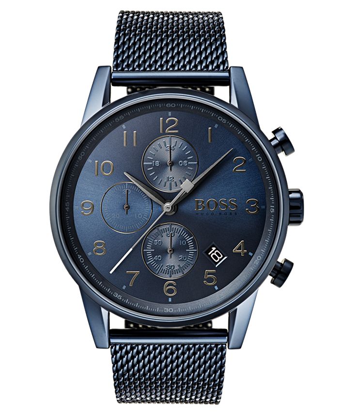 BOSS - Men's Chronograph Navigator Blue Stainless Steel Mesh Bracelet Watch 44mm