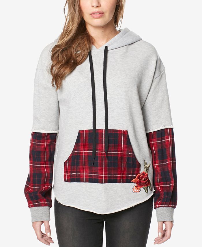 Buffalo David Bitton Plaid-Trim Embroidered Pullover Hoodie - Macy's