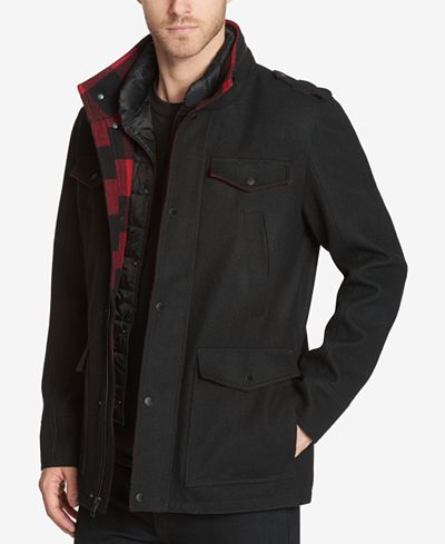 Guess Men's Military-Inspired Coat with Plaid Detail ...
