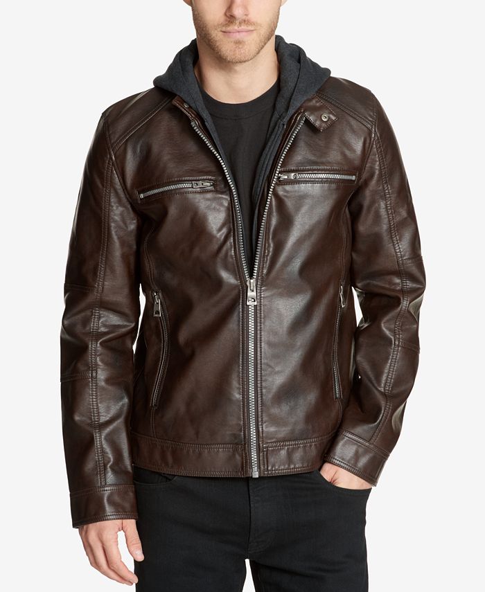 GUESS Men's Faux-Leather Detachable-Hood Motorcycle Jacket & Reviews
