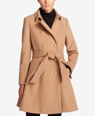 DKNY Petite Double-Breasted Fit & Flare Peacoat - Macy's