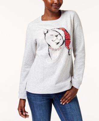 Karen Scott Petite Embellished Cat Holiday Sweatshirt - Macy's