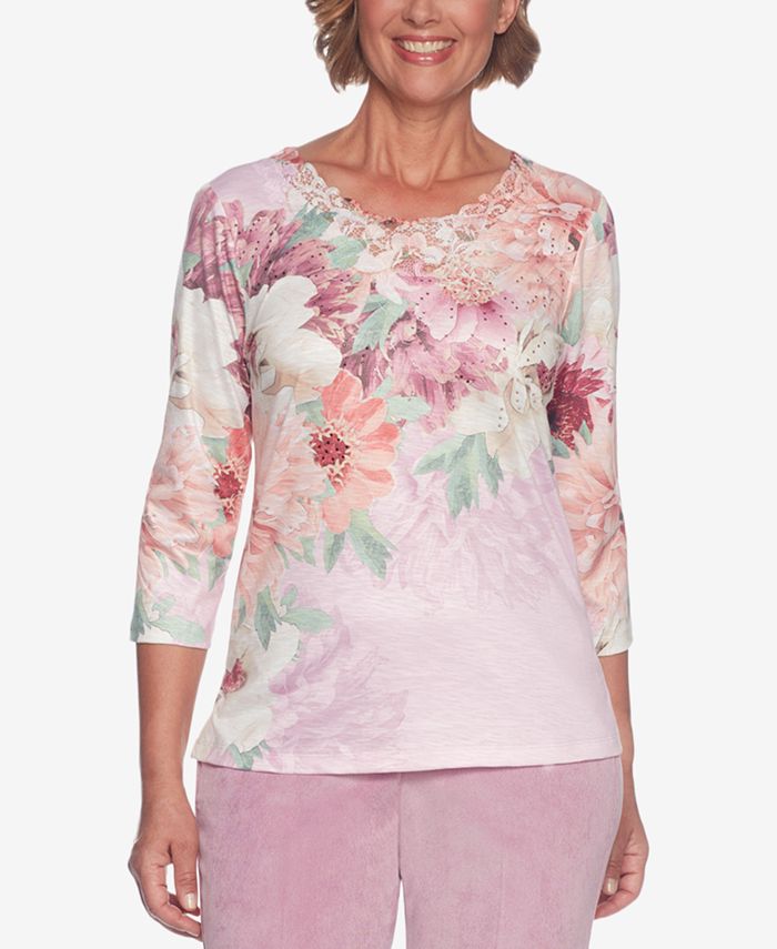 Alfred Dunner Winter Garden Petite Printed Lace-Trim Top & Reviews ...