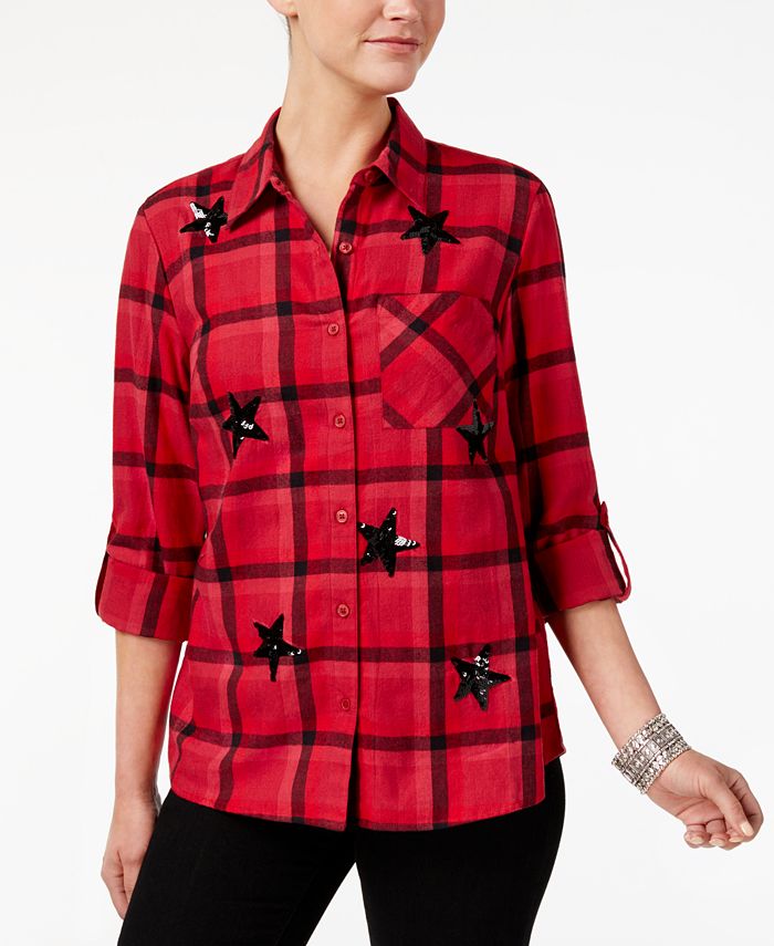 Style Co Sequin Embellished Plaid Cotton Shirt Created for