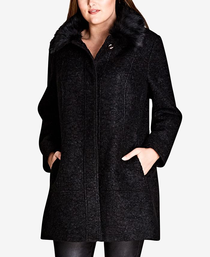 City Chic Trendy Plus Size Sweet Dreams Faux-Fur-Trim Coat - Macy's