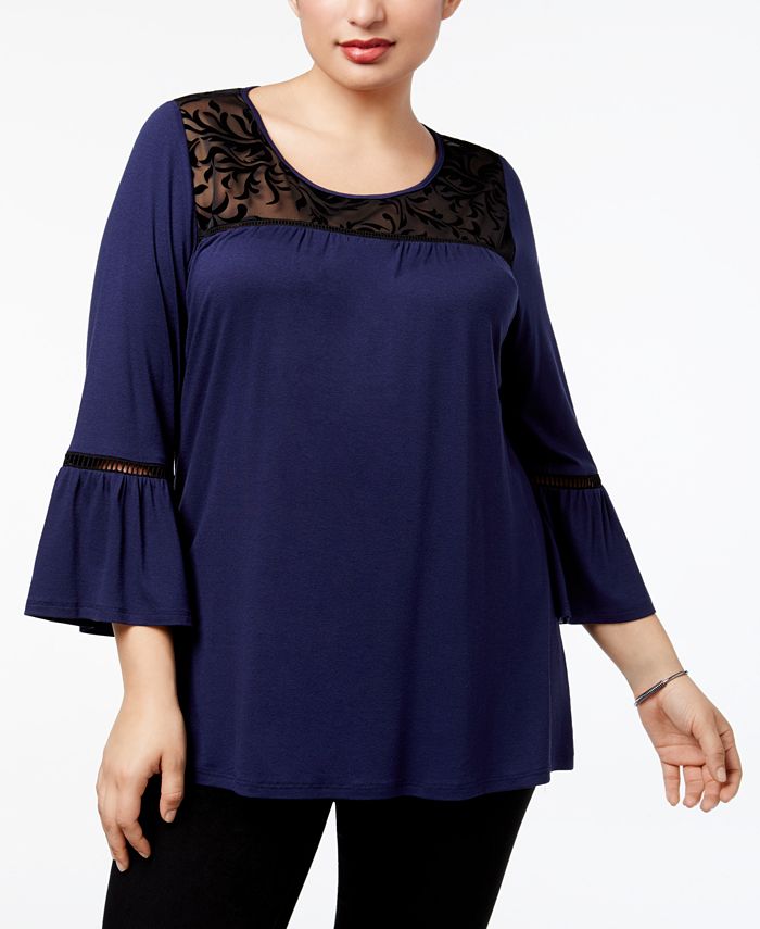 NY Collection Plus Size LaceYoke BellSleeve Top Macy's