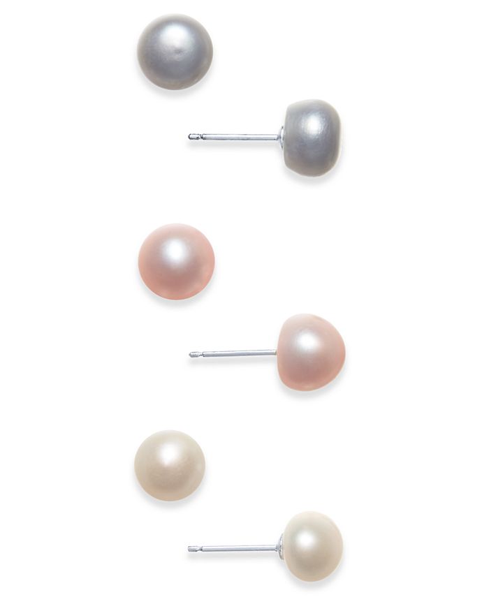 Macy's - Cultured Freshwater Pearl (8mm) 3-Pc. Set Stud Earrings in Sterling Silver