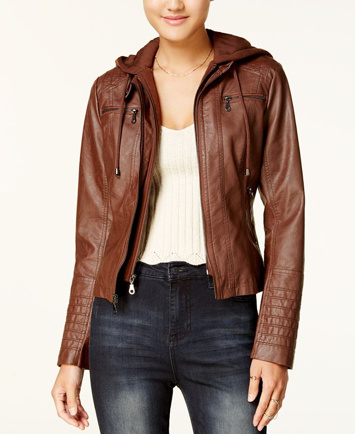 Maralyn Me Juniors Hooded Faux Leather Jacket Macy s